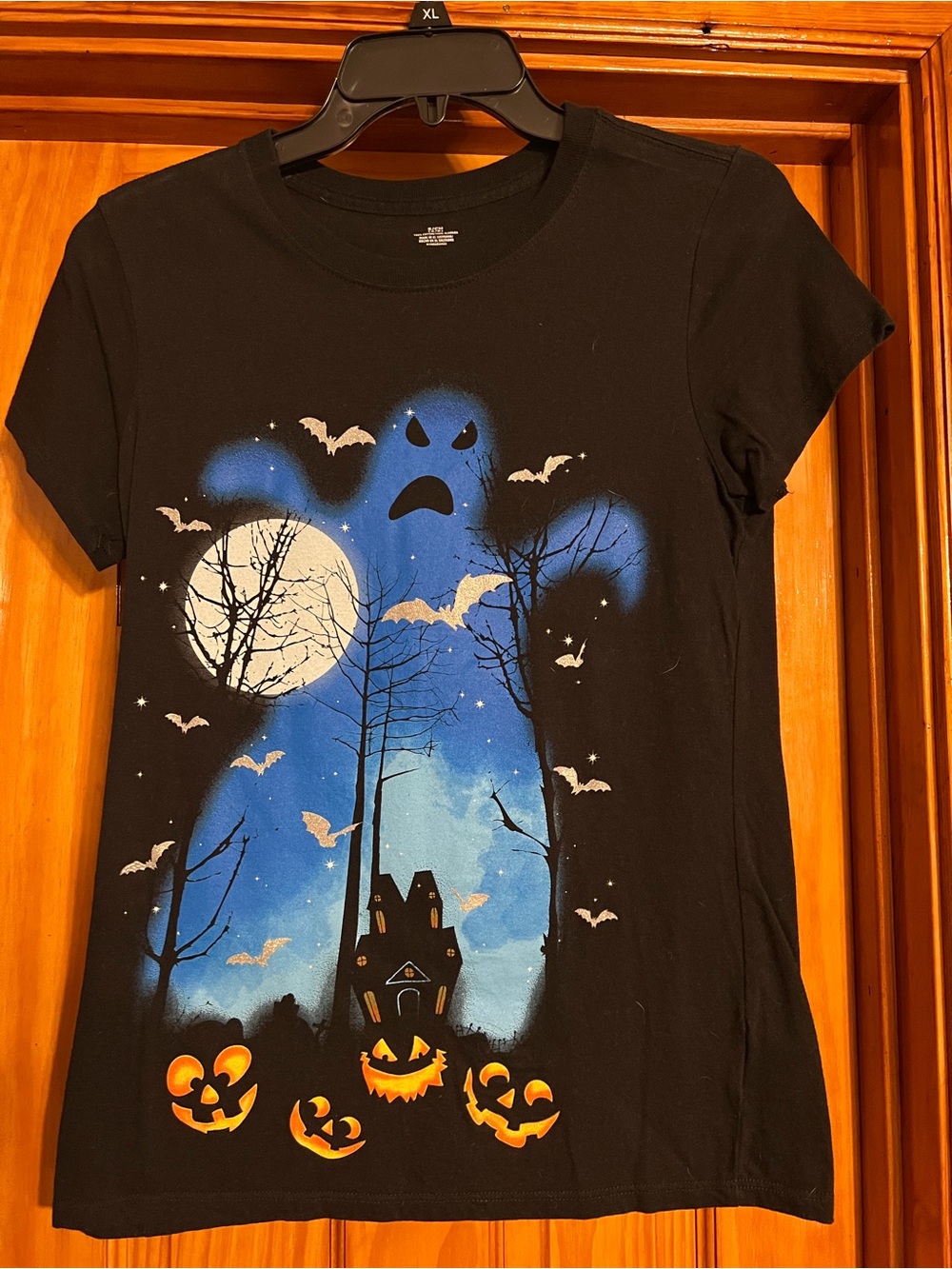 Womens Black Halloween Ghost Costume Tee with Blue Night Scene